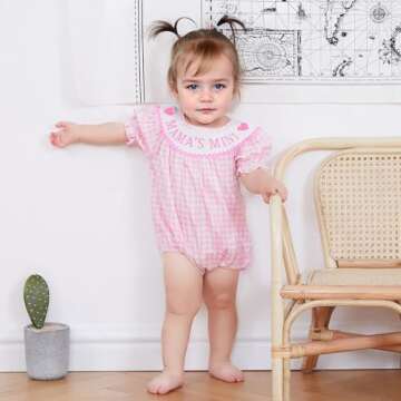 Ursobutegl Newborn Baby Girl Romper Mamas Mini Bow Plaid Print Puff Sleeve Smocked Bubble Romper Jum...