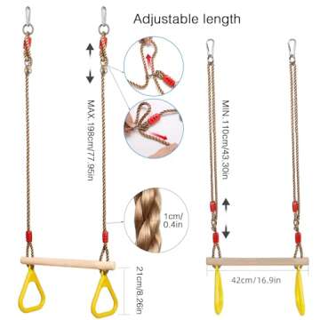 PELLOR Playground Children's Wooden Trapeze Swing Bar with Plastic Gym Rings Swing Set for Indoor & ...