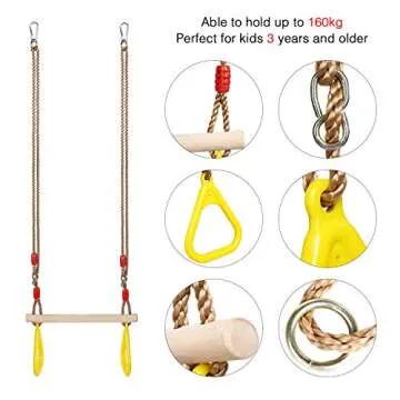 PELLOR Playground Children's Wooden Trapeze Swing Bar with Plastic Gym Rings Swing Set for Indoor & Outdoor Fun
