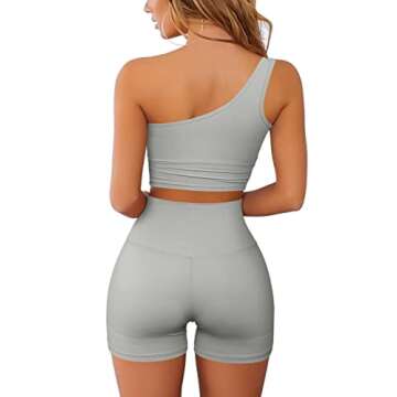 QINSEN 2 Piece Workout Outfits for Women One Shoulder Coutout Sport Bra High Waist Yoga Shorts Sets