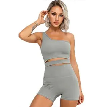 QINSEN 2 Piece Workout Outfits for Women One Shoulder Coutout Sport Bra High Waist Yoga Shorts Sets
