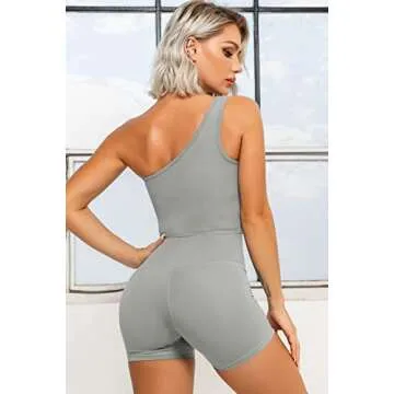 QINSEN 2 Piece Workout Outfits for Women One Shoulder Coutout Sport Bra High Waist Yoga Shorts Sets
