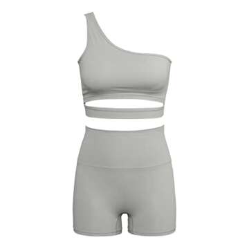 QINSEN 2 Piece Workout Outfits for Women One Shoulder Coutout Sport Bra High Waist Yoga Shorts Sets