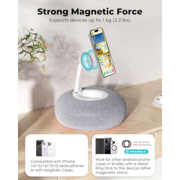 Viozon Phone Holder for Bed, Magnetic Pillow Stand, Compatible with 4-7" Phone/Kindle with Small Storage, Removable Suction Base for Stability, Idea for Kindle Reading and Video Watching On Bed,Grey