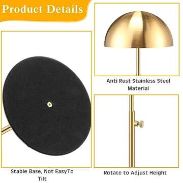 Sintuff 4 Pcs Hat Display Stand 7.9-15.7inch Adjustable Wigs Head Holder Stand Anti Rust Non Slip Stable Stainless Steel Metal Rack for Hat Storage Wig Styling Practice(Gold,Round Base)