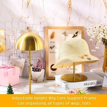 Sintuff 4 Pcs Hat Display Stand 7.9-15.7inch Adjustable Wigs Head Holder Stand Anti Rust Non Slip Stable Stainless Steel Metal Rack for Hat Storage Wig Styling Practice(Gold,Round Base)