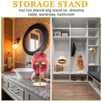 Sintuff 4 Pcs Hat Display Stand 7.9-15.7inch Adjustable Wigs Head Holder Stand Anti Rust Non Slip Stable Stainless Steel Metal Rack for Hat Storage Wig Styling Practice(Gold,Round Base)