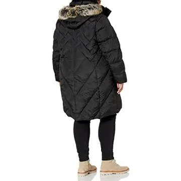 London Fog Women's Plus Size Snap Front Hooded Multi Pattern Quilt Down Coat, Black, 3X