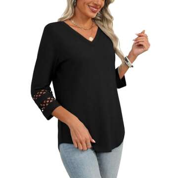 Trendy Lace V Neck 3/4 Sleeve Summer Blouses for Women