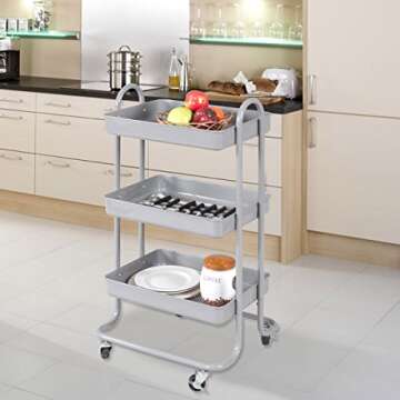 Giantex 3-Tier Rolling Kitchen Trolley Cart Portable Shelves Handle Storage Kitchen Steel Serving Island Utility (Grey)