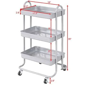 Giantex 3-Tier Rolling Kitchen Trolley Cart Portable Shelves Handle Storage Kitchen Steel Serving Island Utility (Grey)