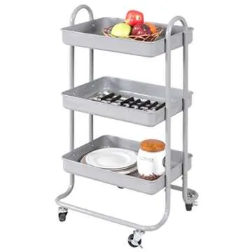 Giantex 3-Tier Rolling Kitchen Trolley Cart Portable Shelves Handle Storage Kitchen Steel Serving Island Utility (Grey)