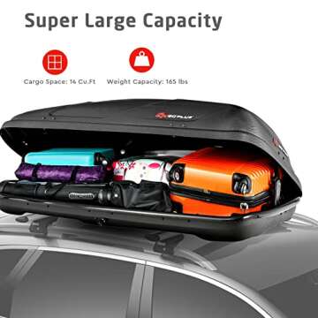 Goplus Rooftop Cargo Carrier Hard Shell, 14 Cubic Feet Waterproof Car Roof Cargo Carrier w/Dual Side Opening, Security Key, 165LBS Capacity, for 17” to 22.8” Wide Crossbar Rack, Vehicle Cargo Box