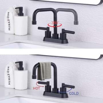 4 Inch 2 Handle Centerset Black Bathroom Faucets, Modern Lead-Free Stainless Steel 360 Swivel Spout 2 or 3 Hole RV Bathroom Vanity Sink Faucet with Pop Up Drain and Water Supply Lines