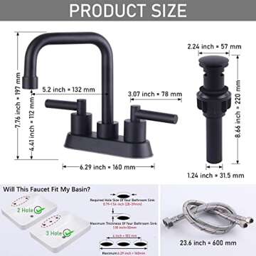 4 Inch 2 Handle Centerset Black Bathroom Faucets, Modern Lead-Free Stainless Steel 360 Swivel Spout 2 or 3 Hole RV Bathroom Vanity Sink Faucet with Pop Up Drain and Water Supply Lines