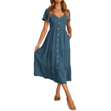 KIRUNDO Women's Summer Midi Dress Comfy Linen Button V Neck Ruffle Short Sleeve Swing A Line Midi Su...