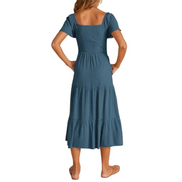 KIRUNDO Women's Summer Midi Dress Comfy Linen Button V Neck Ruffle Short Sleeve Swing A Line Midi Sundress Spring Fashion Casual Party Dresses(Blue, Medium)
