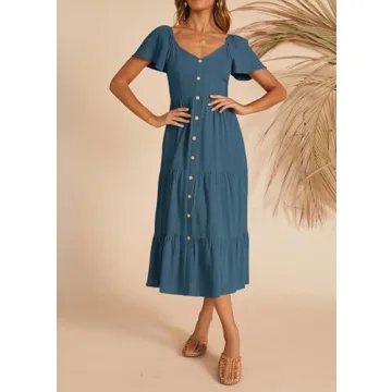 KIRUNDO Women's Summer Midi Dress Comfy Linen Button V Neck Ruffle Short Sleeve Swing A Line Midi Sundress Spring Fashion Casual Party Dresses(Blue, Medium)