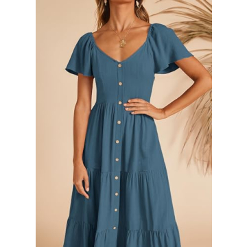 KIRUNDO Women's Summer Midi Dress Comfy Linen Button V Neck Ruffle Short Sleeve Swing A Line Midi Sundress Spring Fashion Casual Party Dresses(Blue, Medium)