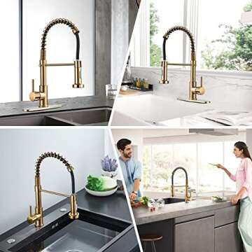 Gold Kitchen Faucet,DanPiang Commercial Stainless Steel Single Handle Pull Down Kitchen Sink Faucet with Deck Plate,Brushed Gold