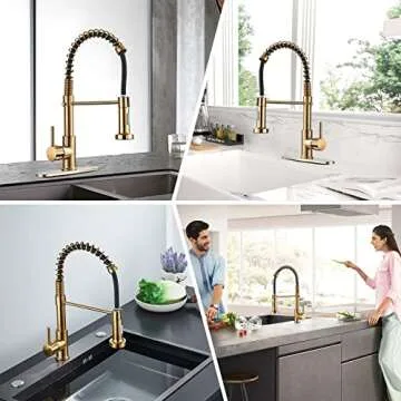 Gold Kitchen Faucet,DanPiang Commercial Stainless Steel Single Handle Pull Down Kitchen Sink Faucet with Deck Plate,Brushed Gold