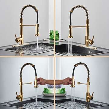 Gold Kitchen Faucet,DanPiang Commercial Stainless Steel Single Handle Pull Down Kitchen Sink Faucet with Deck Plate,Brushed Gold