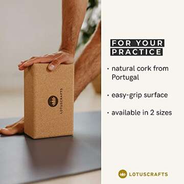 Lotuscrafts Cork Yoga Block - Supra Grip - 100% Natural - 7.5 x 14 x 23 cm - Yoga Brick - Pilates Block