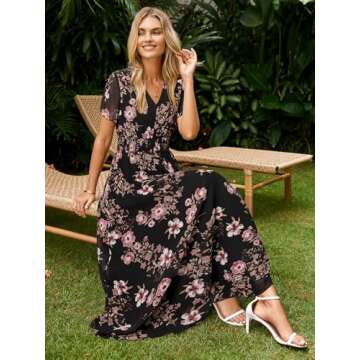 Simplee Womens Floral Maxi Dress - Short Sleeve Summer Boho Wedding Guest Dress Empire Waist Chiffon...