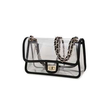 Lam Gallery Women's PVC Clear Purse Handbags for Working Beach Concert Sport Event Clear Bag Turn Lock Chain Bag (Black Trim(Gold Chain and Hardware))