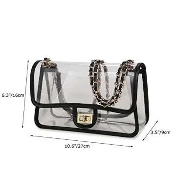 Lam Gallery Women's PVC Clear Purse Handbags for Working Beach Concert Sport Event Clear Bag Turn Lock Chain Bag (Black Trim(Gold Chain and Hardware))