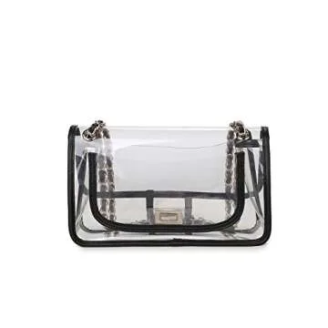 Lam Gallery Women's PVC Clear Purse Handbags for Working Beach Concert Sport Event Clear Bag Turn Lock Chain Bag (Black Trim(Gold Chain and Hardware))
