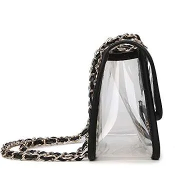 Lam Gallery Women's PVC Clear Purse Handbags for Working Beach Concert Sport Event Clear Bag Turn Lock Chain Bag (Black Trim(Gold Chain and Hardware))