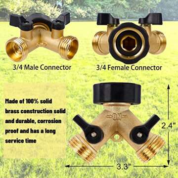 Biswing Garden Hose Splitter 2 Way, Heavy Duty Brass Connector Tap Splitter, Y Splitter 2 Valves wit...