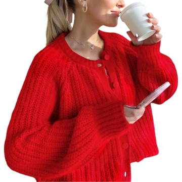 Yimoon Womens Y2K Cardigan Sweater Crewneck Long Sleeve Button Down Cropped Chunky Knit Cardigan Out...