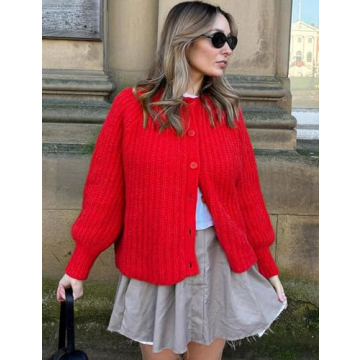 Yimoon Womens Y2K Cardigan Sweater Crewneck Long Sleeve Button Down Cropped Chunky Knit Cardigan Outwear 2024 Fall(Red-S)