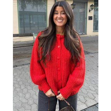 Yimoon Womens Y2K Cardigan Sweater Crewneck Long Sleeve Button Down Cropped Chunky Knit Cardigan Outwear 2024 Fall(Red-S)