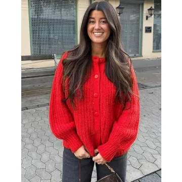 Yimoon Womens Y2K Cardigan Sweater Crewneck Long Sleeve Button Down Cropped Chunky Knit Cardigan Outwear 2024 Fall(Red-S)