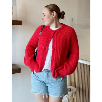 Yimoon Womens Y2K Cardigan Sweater Crewneck Long Sleeve Button Down Cropped Chunky Knit Cardigan Outwear 2024 Fall(Red-S)