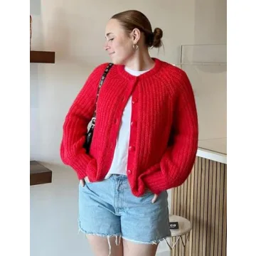 Yimoon Womens Y2K Cardigan Sweater Crewneck Long Sleeve Button Down Cropped Chunky Knit Cardigan Outwear 2024 Fall(Red-S)