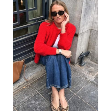 Yimoon Womens Y2K Cardigan Sweater Crewneck Long Sleeve Button Down Cropped Chunky Knit Cardigan Outwear 2024 Fall(Red-S)