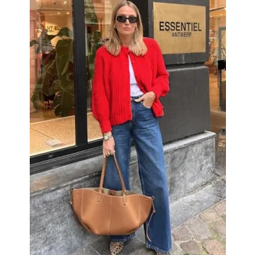 Yimoon Womens Y2K Cardigan Sweater Crewneck Long Sleeve Button Down Cropped Chunky Knit Cardigan Outwear 2024 Fall(Red-S)