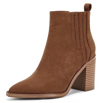 Womens Leather Ankle Boots Chunky Block Mid Heel Pointed Toe Slip on Side Elastic Panel Casual Weste...