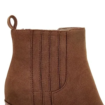 Womens Leather Ankle Boots Chunky Block Mid Heel Pointed Toe Slip on Side Elastic Panel Casual Western Booties