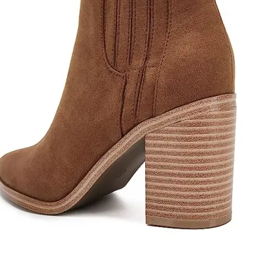Womens Leather Ankle Boots Chunky Block Mid Heel Pointed Toe Slip on Side Elastic Panel Casual Western Booties