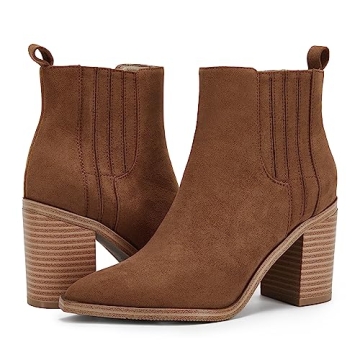 Womens Leather Ankle Boots Chunky Block Mid Heel Pointed Toe Slip on Side Elastic Panel Casual Western Booties