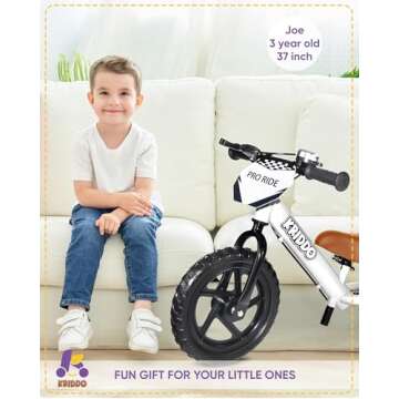 KRIDDO Pro Toddler Balance Bike for 2+ Year Old, 12 Inch Push Bicycle w Hand Brake & Kickstand, Gift Bike for 2-5 Boys Girls, White