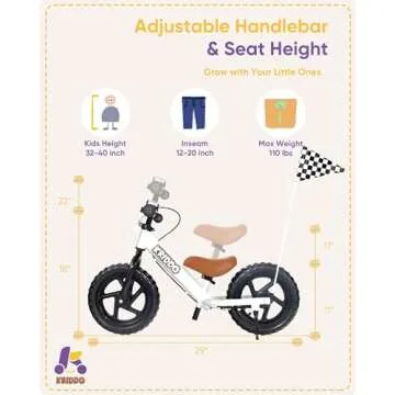KRIDDO Pro Toddler Balance Bike for 2+ Year Old, 12 Inch Push Bicycle w Hand Brake & Kickstand, Gift Bike for 2-5 Boys Girls, White