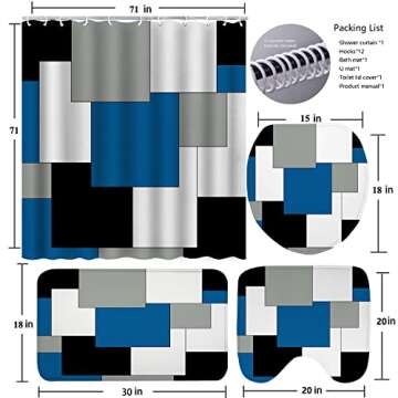 ENYORSEL Blue Bathroom Sets with Shower Curtain and Rugs, 4 Piece Geometric Bathroom Shower Curtain Set with Rugs, Incl Shower Curtain with 12 Hooks, Bath Mat, U-Shaped Floor Mat, Toilet Lid Oval Rug