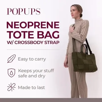 POPUPS Interwoven Large Neoprene Foldable Tote Bag, Weekender Bag for Women - Travel Crossbody Purse - Secure to Carry On, Luggage (Safari)