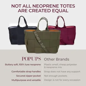 POPUPS Interwoven Large Neoprene Foldable Tote Bag, Weekender Bag for Women - Travel Crossbody Purse - Secure to Carry On, Luggage (Safari)